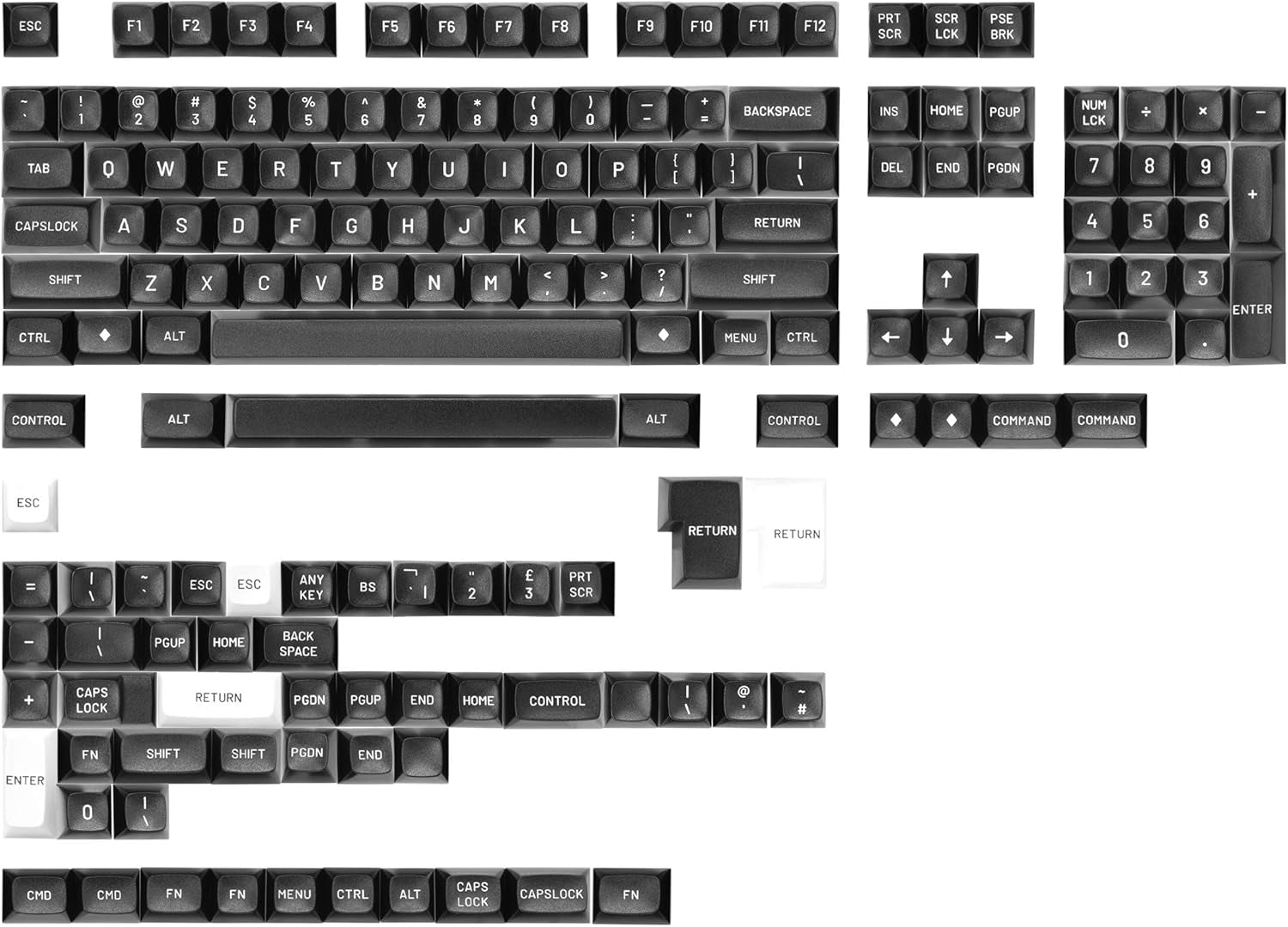 MT3 White-On-Black Keycap Set, ABS Hi-Profile Keycaps, Doubleshot Legends, MX Style Covers Fullsize, Tenkeyless, Winkeyless, 60%, 65%, and 75% (Base Kit)