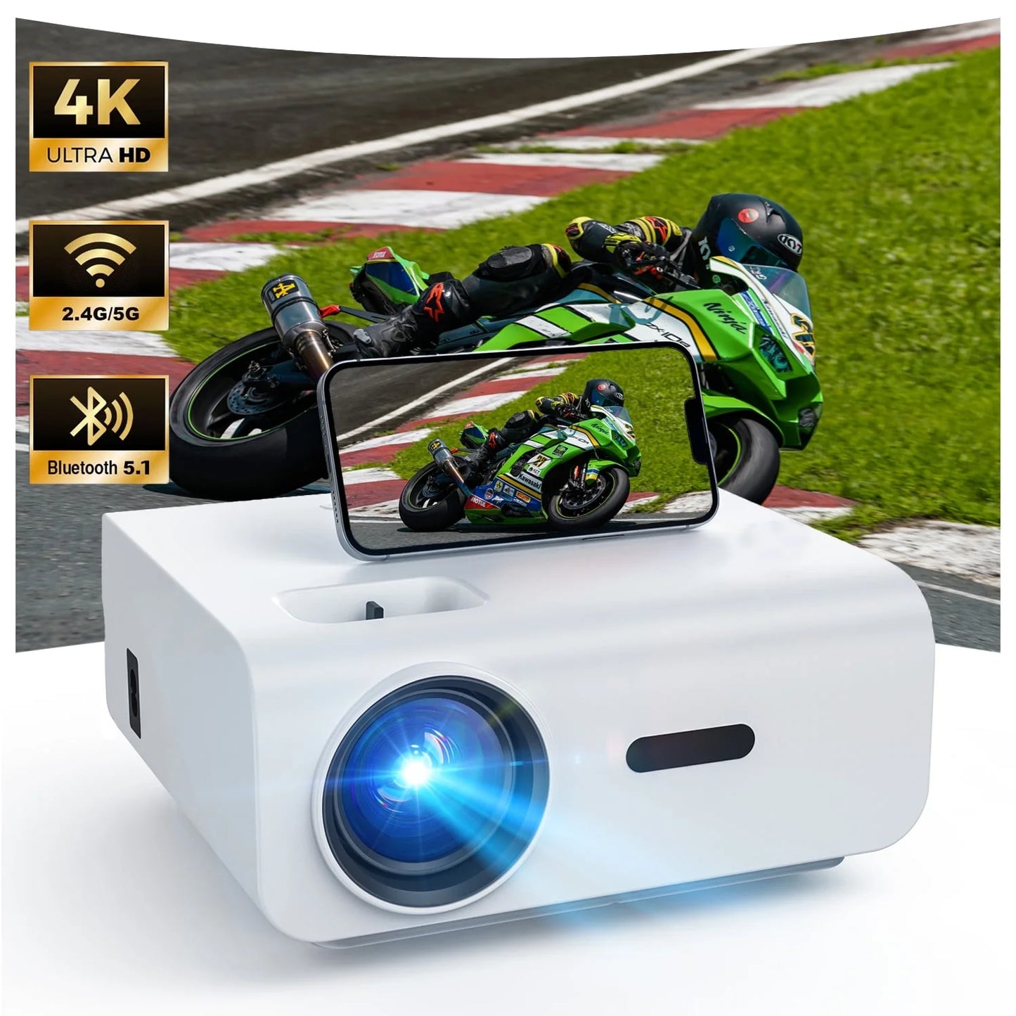 5G/2.4G Wifi Bluetooth Projector, 12000 Lumens, Native 1080P Support 4K, Outdoor Movie Projector Compatible with Soundbar, 100" Screen Included