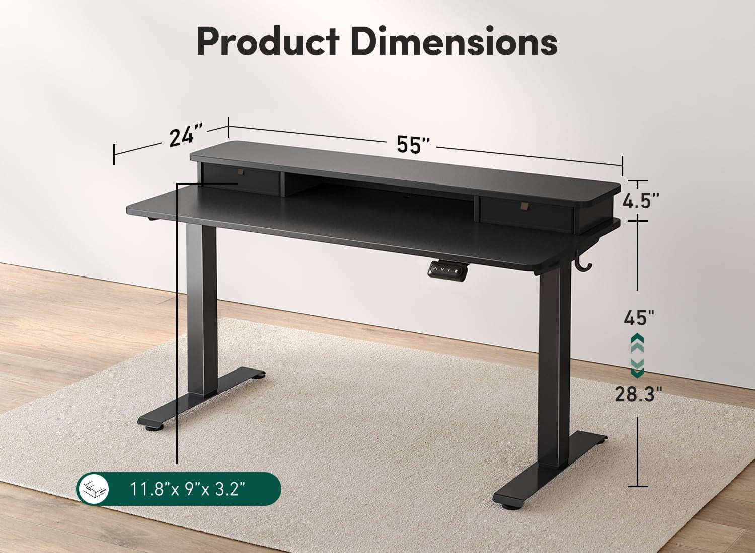 55 X 24 Inch Height Adjustable Electric Standing Desk with Double Drawer, Stand up Home Office Computer Desk with 4 Height-Adjustable Feets & 2 Hooks, Black