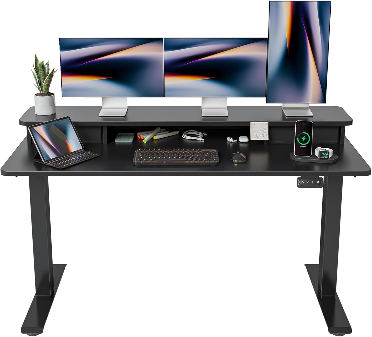 60 X 24 Inch Height Adjustable Electric Standing Desk with Double Drawer, Stand up Desk with Storage Shelf, Sit Stand Desk, Black