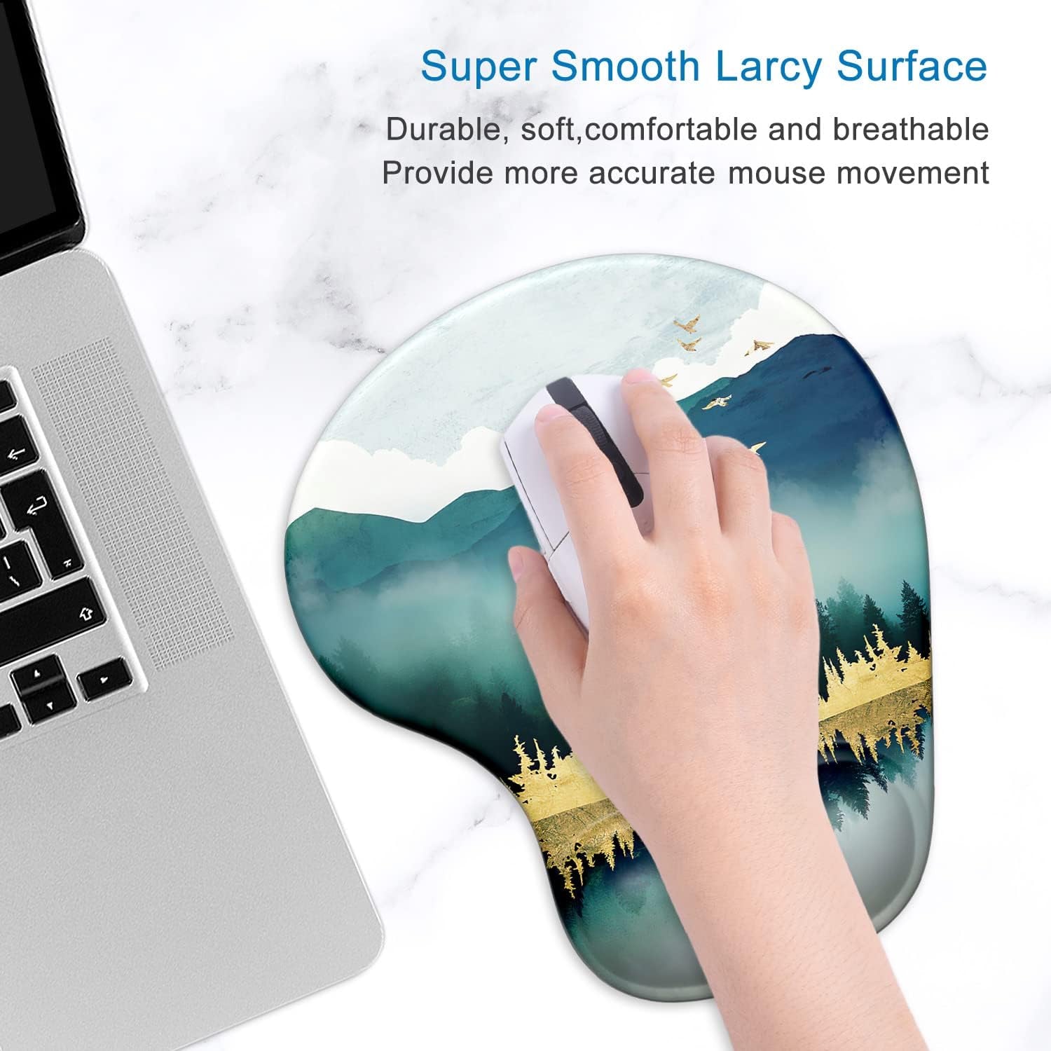 Ergonomic Mouse Pad with Gel Wrist Support Wrist Rest Smooth Surface Non-Slip PU Base Comfortable Office Supplies Pain Relief, 9.5 X 8 Inches, Landscape Forest