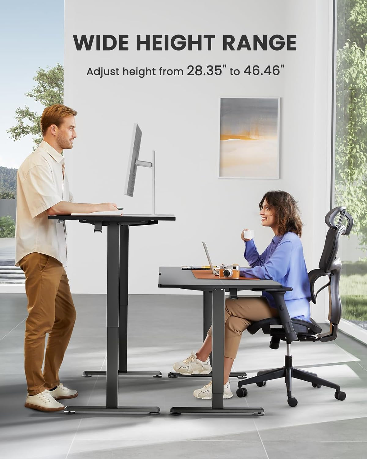 Height Adjustable Electric Standing Desk, 48 X 24 Inches Sit Stand up Desk, Memory Computer Home Office Desk with Two-Piece Desktop (Black)