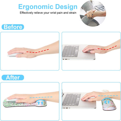 3 in 1 Ergonomic Mouse Pad with Wrist Support and Keyboard Wrist Rest Pad Set with Coaster,  Wrist Pad with Non-Slip Rubber Base & Raised Memory Foam, Easy Typing & Pain Relief, Green Plants