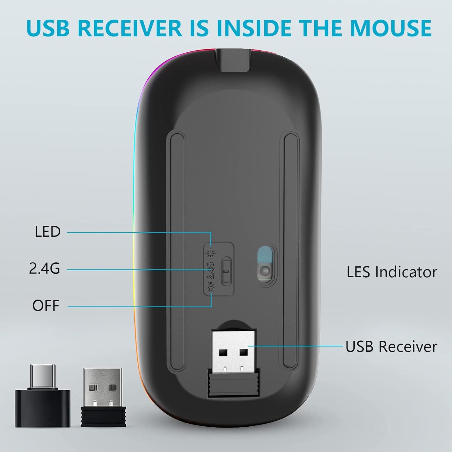 Slim Silent LED Wireless Computer Mouse - Rechargeable, 2.4G Portable, USB Receiver, Suitable for Laptop, Desktop