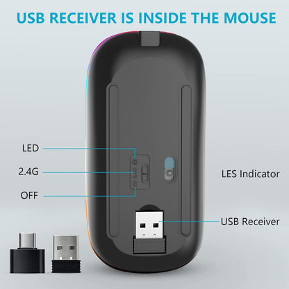 Slim Silent LED Wireless Computer Mouse - Rechargeable, 2.4G Portable, USB Receiver, Suitable for Laptop, Desktop