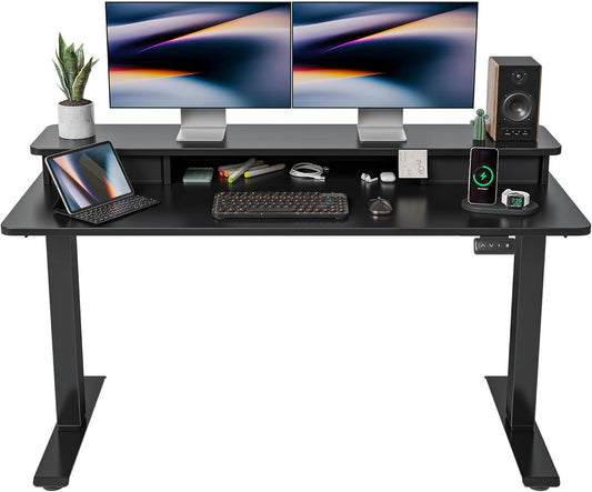 55 X 24 Inch Height Adjustable Electric Standing Desk with Double Drawer, Stand up Home Office Computer Desk with 4 Height-Adjustable Feets & 2 Hooks, Black