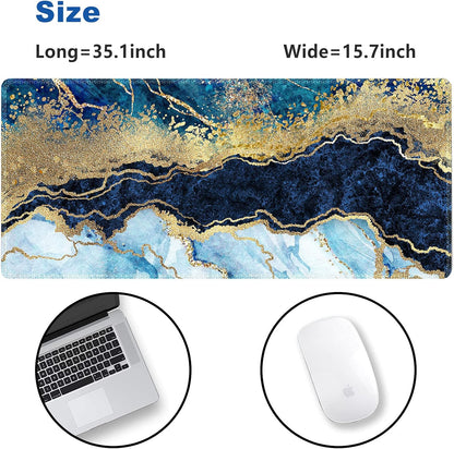 Extended Gaming Mouse Pad XXL  Large Keyboard Mat Long Mousepad Desk Decor Writing Pad Non Slip Rubber Base Stitched Edges for Work, Game, Office, Home, 35.1" X 15.7", Blue Marble