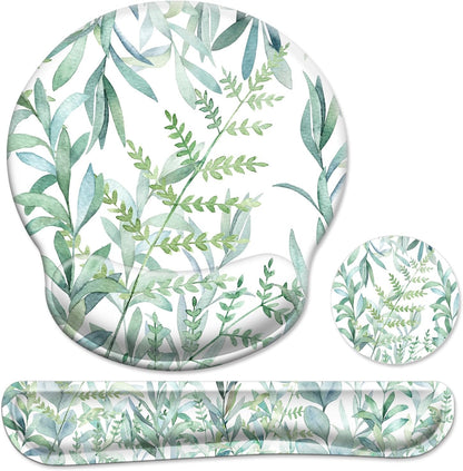 3 in 1 Ergonomic Mouse Pad with Wrist Support and Keyboard Wrist Rest Pad Set with Coaster,  Wrist Pad with Non-Slip Rubber Base & Raised Memory Foam, Easy Typing & Pain Relief, Green Plants