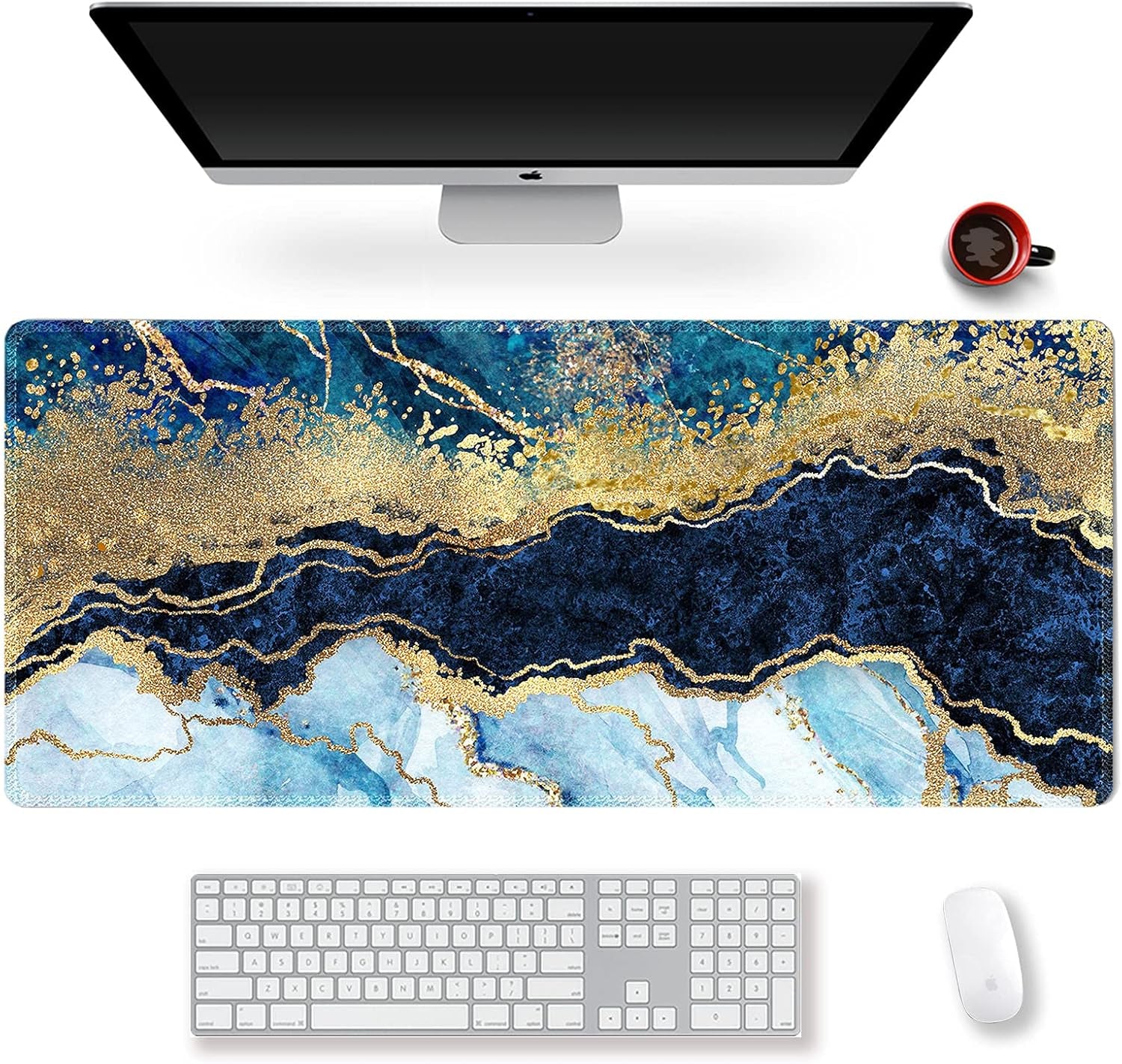Extended Gaming Mouse Pad XXL  Large Keyboard Mat Long Mousepad Desk Decor Writing Pad Non Slip Rubber Base Stitched Edges for Work, Game, Office, Home, 35.1" X 15.7", Blue Marble