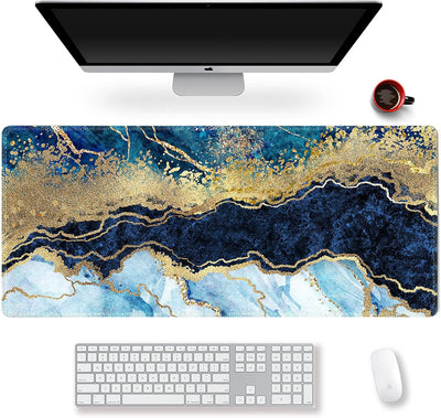 Extended Gaming Mouse Pad XXL  Large Keyboard Mat Long Mousepad Desk Decor Writing Pad Non Slip Rubber Base Stitched Edges for Work, Game, Office, Home, 35.1" X 15.7", Blue Marble