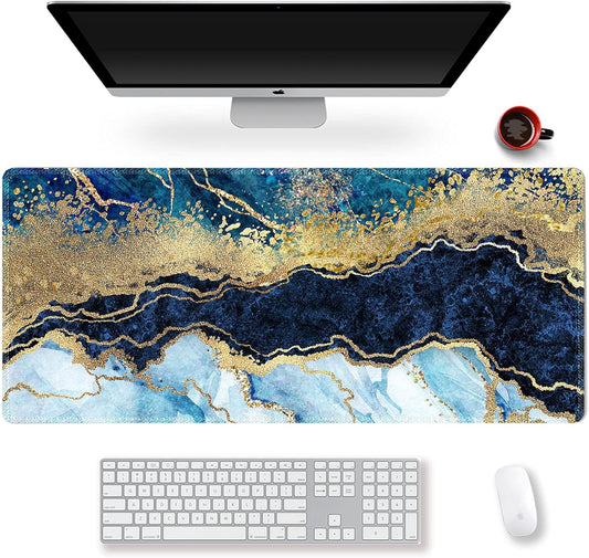 Extended Gaming Mouse Pad XXL  Large Keyboard Mat Long Mousepad Desk Decor Writing Pad Non Slip Rubber Base Stitched Edges for Work, Game, Office, Home, 35.1" X 15.7", Blue Marble