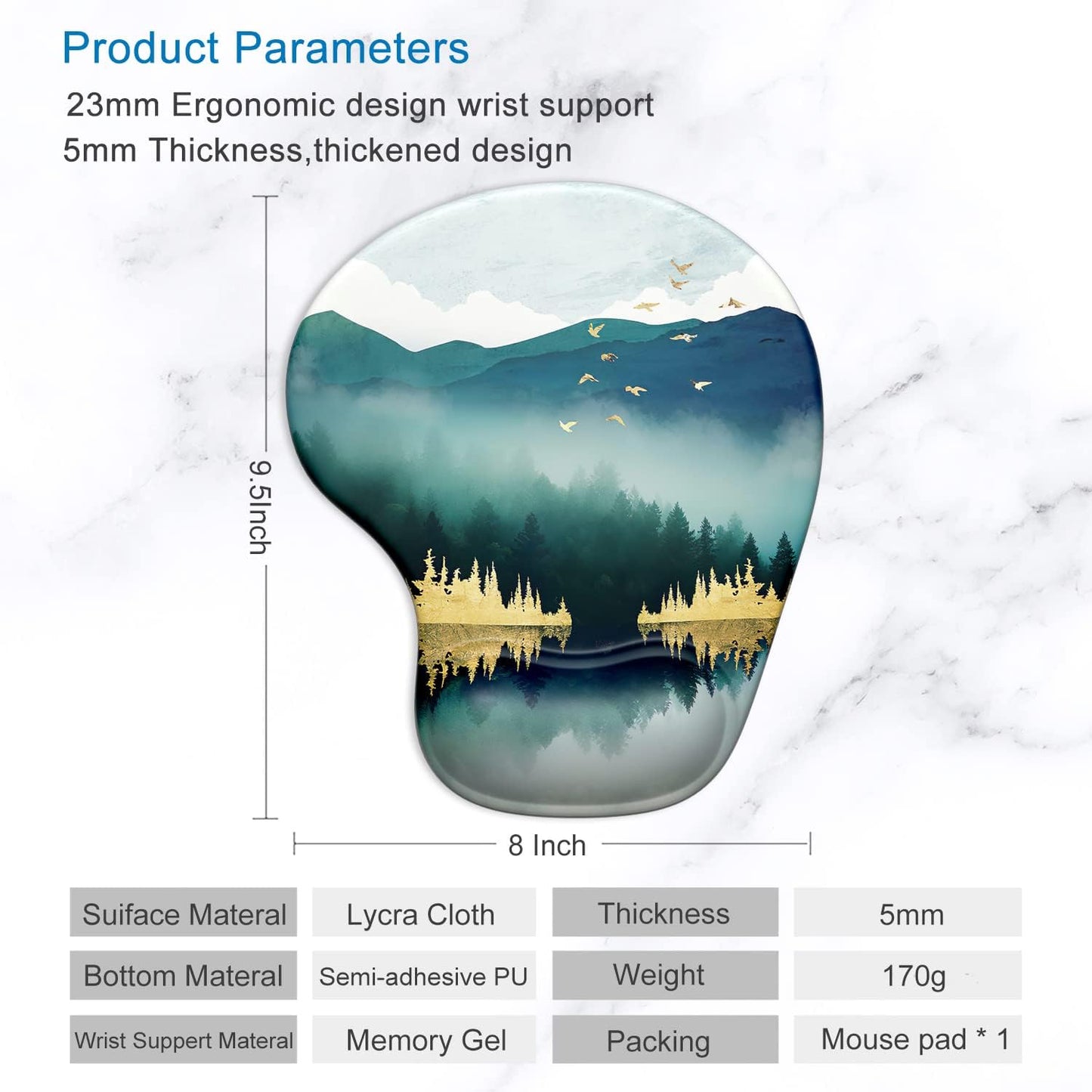 Ergonomic Mouse Pad with Gel Wrist Support Wrist Rest Smooth Surface Non-Slip PU Base Comfortable Office Supplies Pain Relief, 9.5 X 8 Inches, Landscape Forest