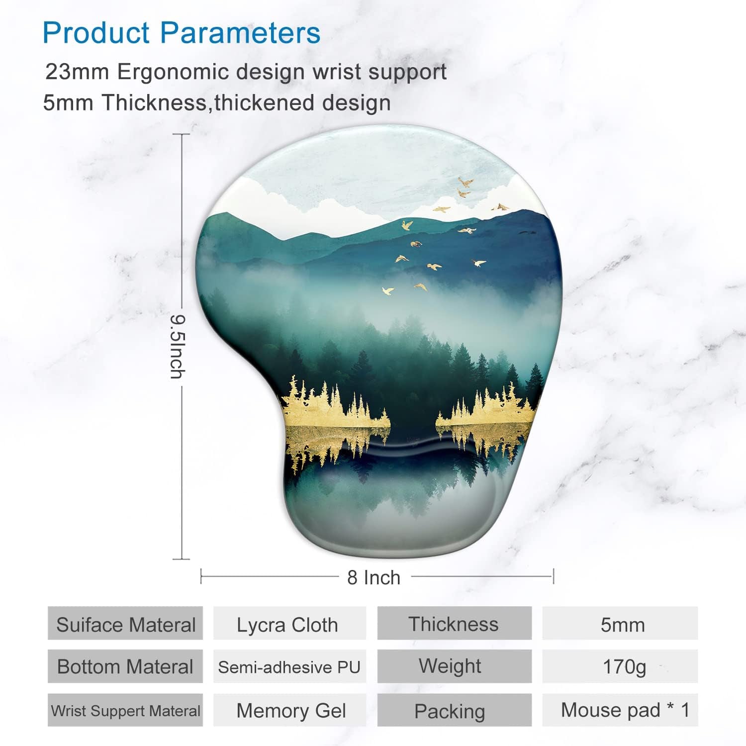 Ergonomic Mouse Pad with Gel Wrist Support Wrist Rest Smooth Surface Non-Slip PU Base Comfortable Office Supplies Pain Relief, 9.5 X 8 Inches, Landscape Forest