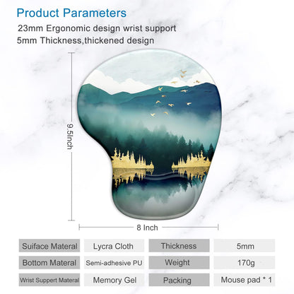 Ergonomic Mouse Pad with Gel Wrist Support Wrist Rest Smooth Surface Non-Slip PU Base Comfortable Office Supplies Pain Relief, 9.5 X 8 Inches, Landscape Forest