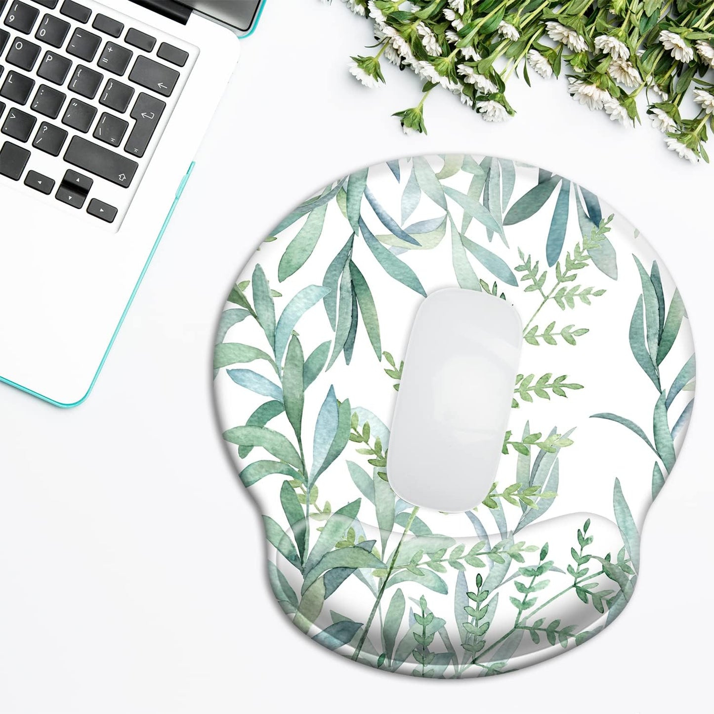 3 in 1 Ergonomic Mouse Pad with Wrist Support and Keyboard Wrist Rest Pad Set with Coaster,  Wrist Pad with Non-Slip Rubber Base & Raised Memory Foam, Easy Typing & Pain Relief, Green Plants