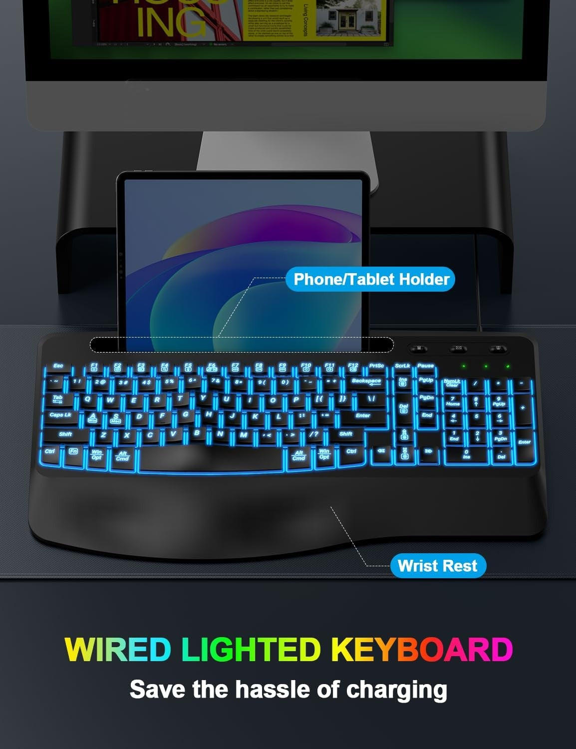 Ergonomic Backlit Computer Keyboards, USB Wired Lighted Keyboard with 7 Black