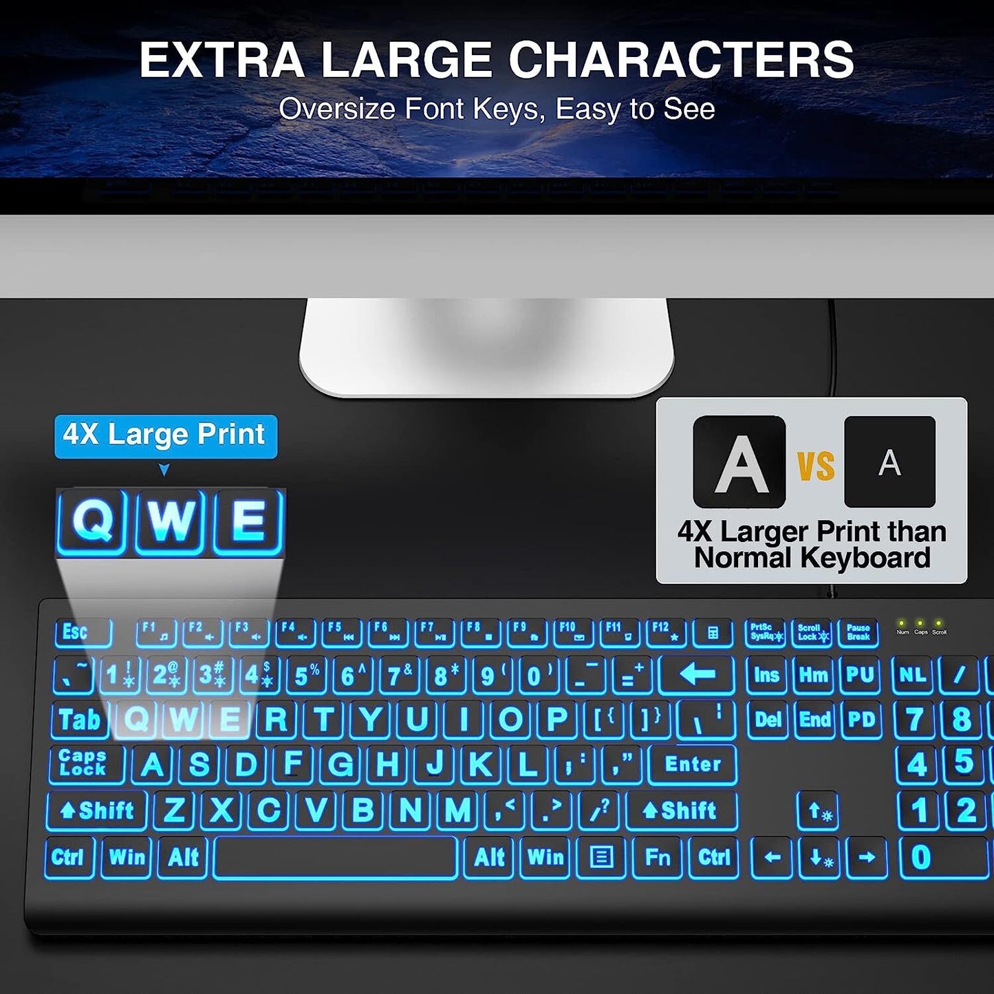 SABLUTE Large Print Backlit Keyboard, Wired USB Lighted Computer Keyboards With
