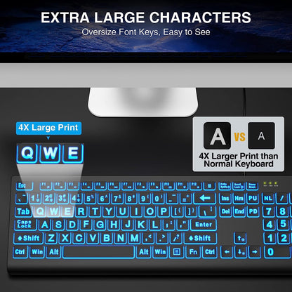 SABLUTE Large Print Backlit Keyboard, Wired USB Lighted Computer Keyboards With