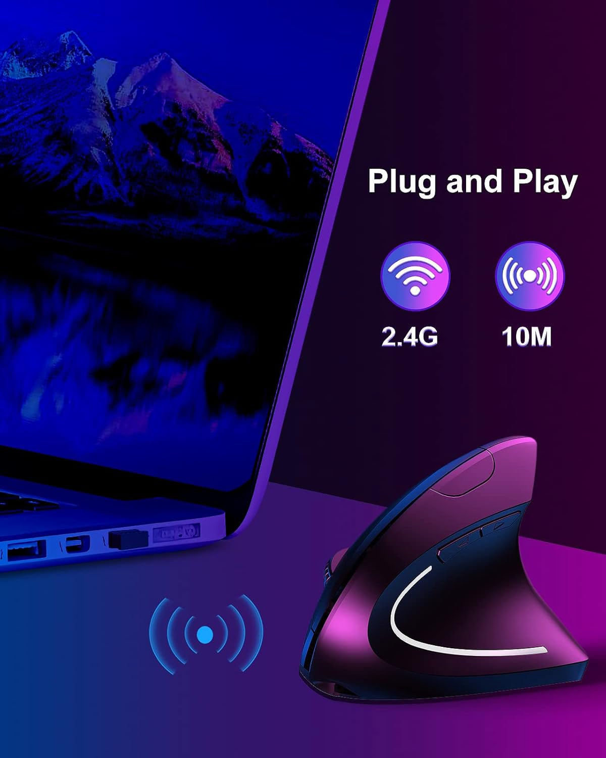 Ergonomic Mouse Wireless,Vertical Mouse Ergo with USB Receiver 6 Buttons 800/1200/1600 Adjustable DPI Computer Mice for Laptop Pc(Right Hand,Black)