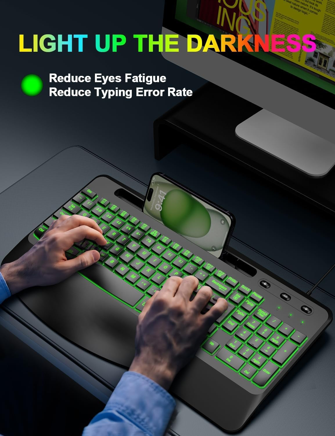 Ergonomic Backlit Computer Keyboards, USB Wired Lighted Keyboard with 7 Black