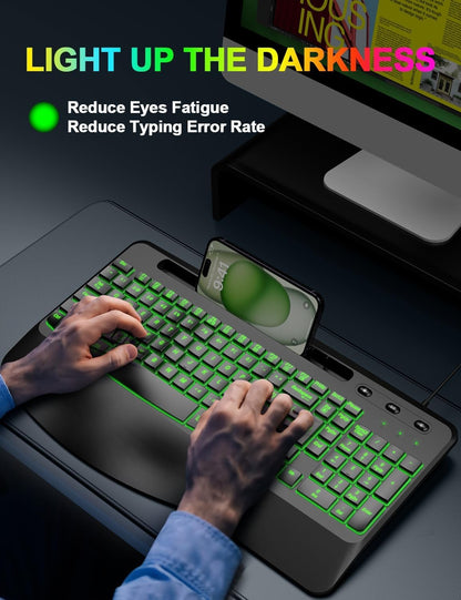 Ergonomic Backlit Computer Keyboards, USB Wired Lighted Keyboard with 7 Black