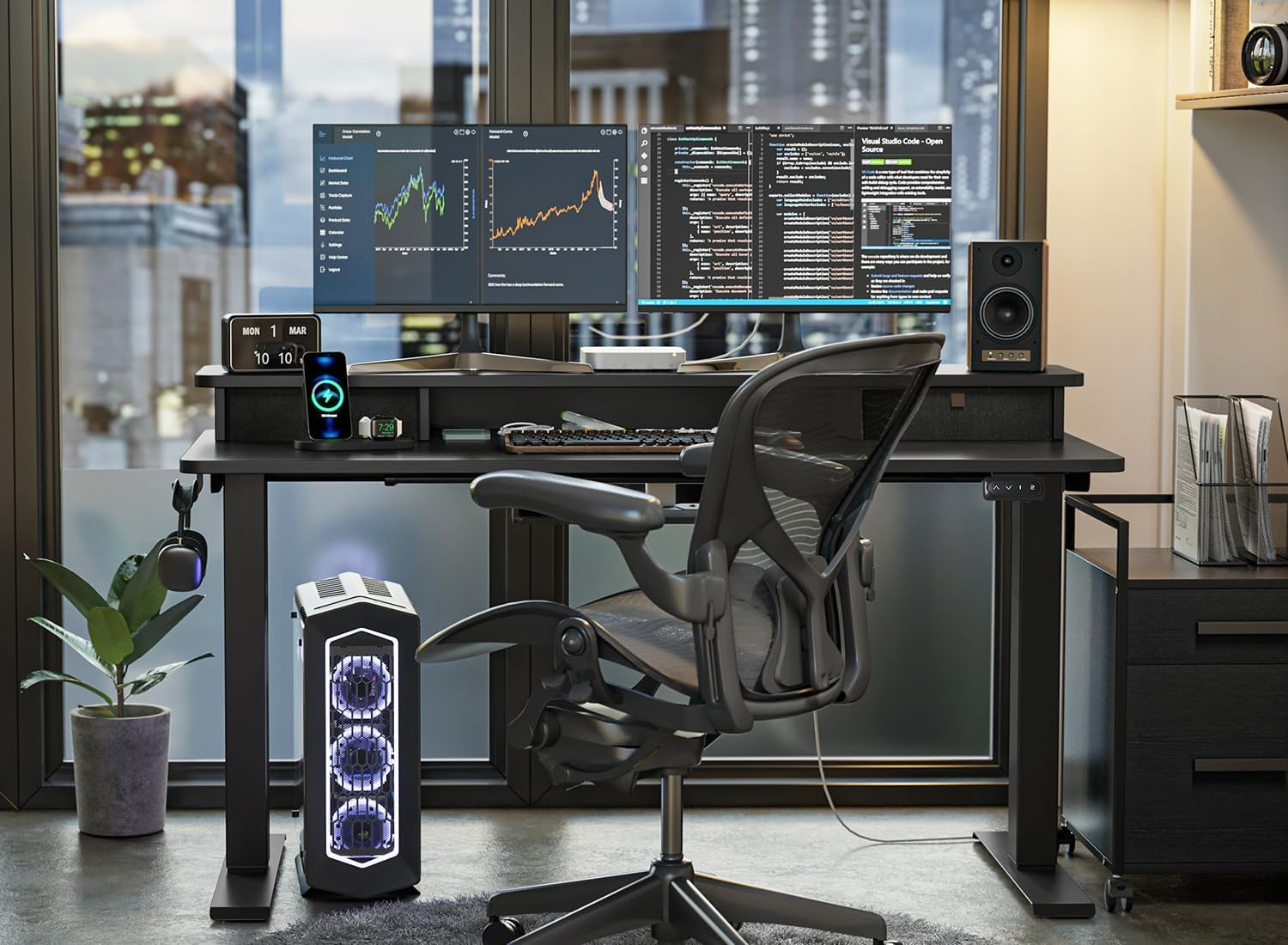 55 X 24 Inch Height Adjustable Electric Standing Desk with Double Drawer, Stand up Home Office Computer Desk with 4 Height-Adjustable Feets & 2 Hooks, Black