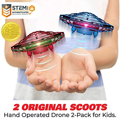 Scoot Duo Aerial 5 Sensor Mini Drones, Hand Operated UFO with Multi-Color LED Lights, STEM Drone Toy for Boys and Girls