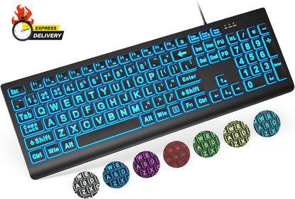 Large Print Backlit Keyboard, Wired USB Lighted Computer Keyboards with 7-Color