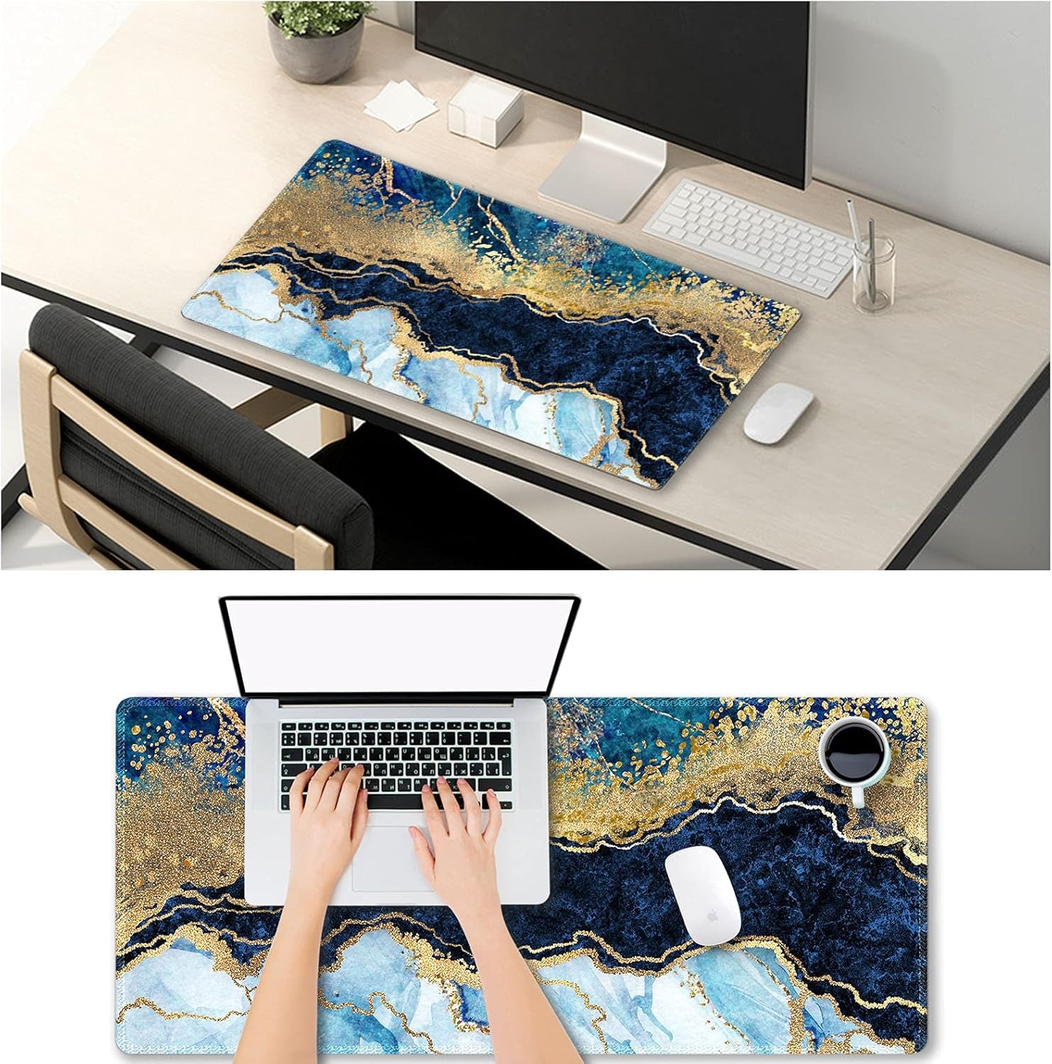 Extended Gaming Mouse Pad XXL  Large Keyboard Mat Long Mousepad Desk Decor Writing Pad Non Slip Rubber Base Stitched Edges for Work, Game, Office, Home, 35.1" X 15.7", Blue Marble