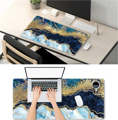 Extended Gaming Mouse Pad XXL  Large Keyboard Mat Long Mousepad Desk Decor Writing Pad Non Slip Rubber Base Stitched Edges for Work, Game, Office, Home, 35.1" X 15.7", Blue Marble