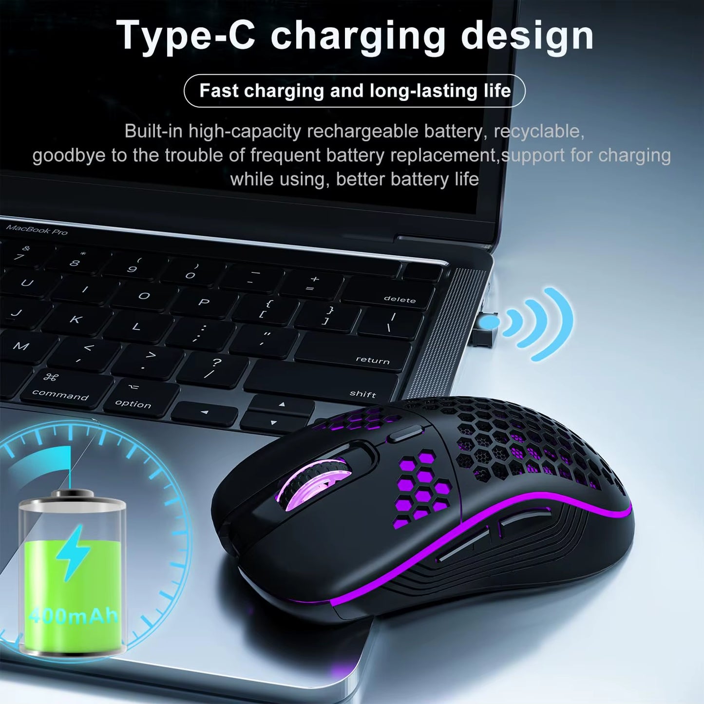 2.4G Wireless Mouse Lightweight Honeycomb Design Rechargeable RGB Backlight Mouse with USB Receiver Adjustable DPI