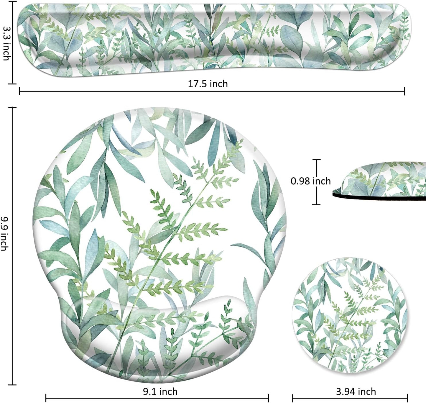 3 in 1 Ergonomic Mouse Pad with Wrist Support and Keyboard Wrist Rest Pad Set with Coaster,  Wrist Pad with Non-Slip Rubber Base & Raised Memory Foam, Easy Typing & Pain Relief, Green Plants