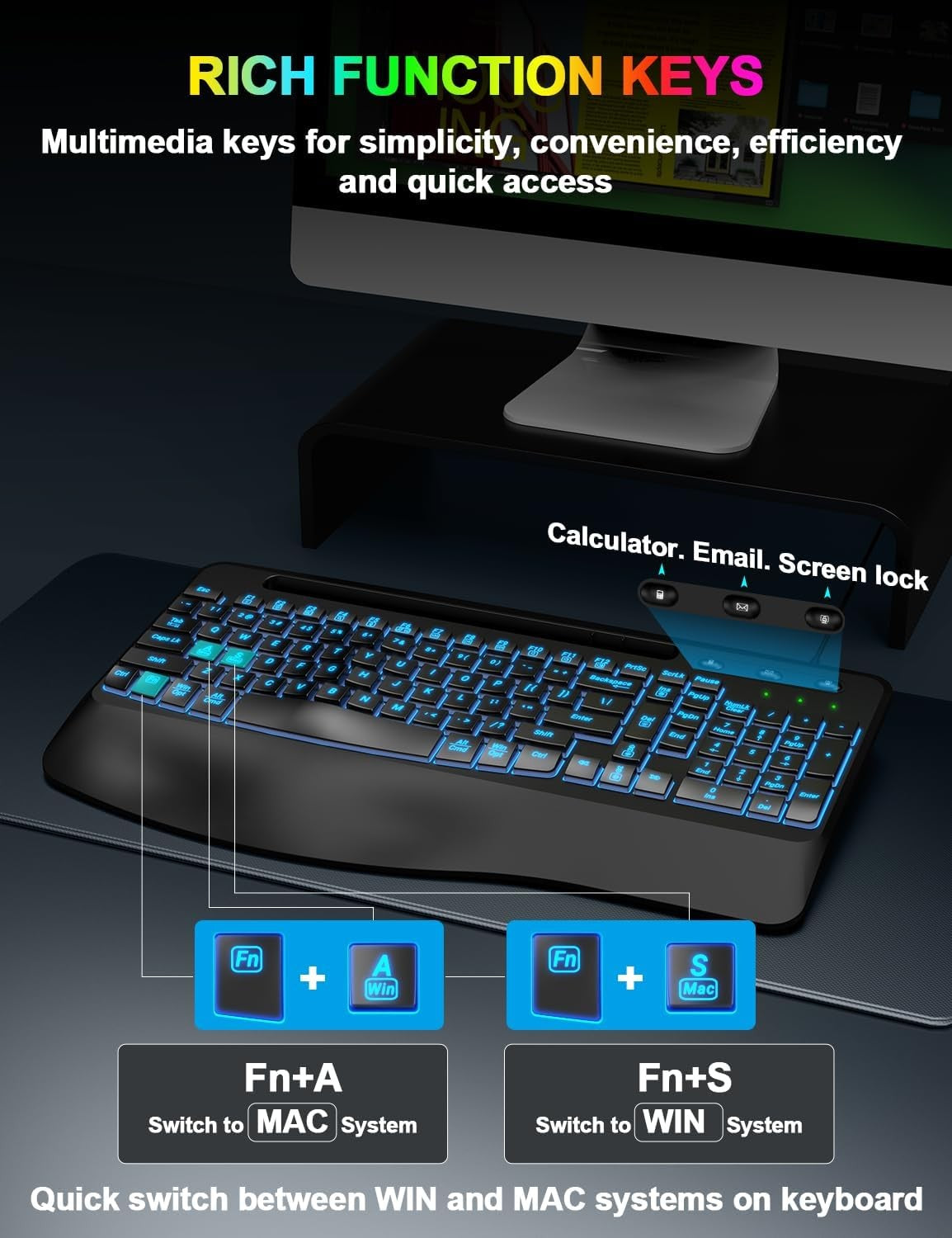 Ergonomic Backlit Computer Keyboards, USB Wired Lighted Keyboard with 7 Black