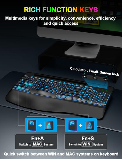 Ergonomic Backlit Computer Keyboards, USB Wired Lighted Keyboard with 7 Black